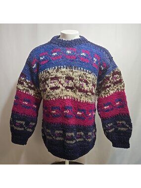 Vintage Tejidos Sweater Adult ~XL 100% Wool Fuzzy Pink Purple Blue Geometric